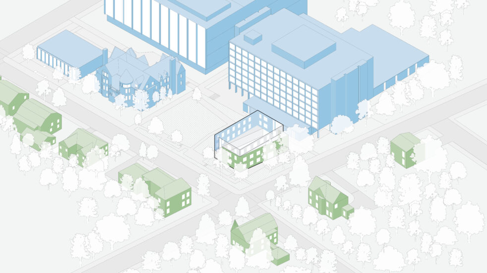 Axonometric site diagram of Brown University, Applied Math Building