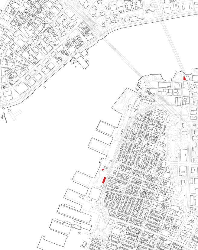 Aerial site plan of ARO's projects for Brooklyn Bridge Park: 99 Plymouth Street, Boathouse, and M+O Building