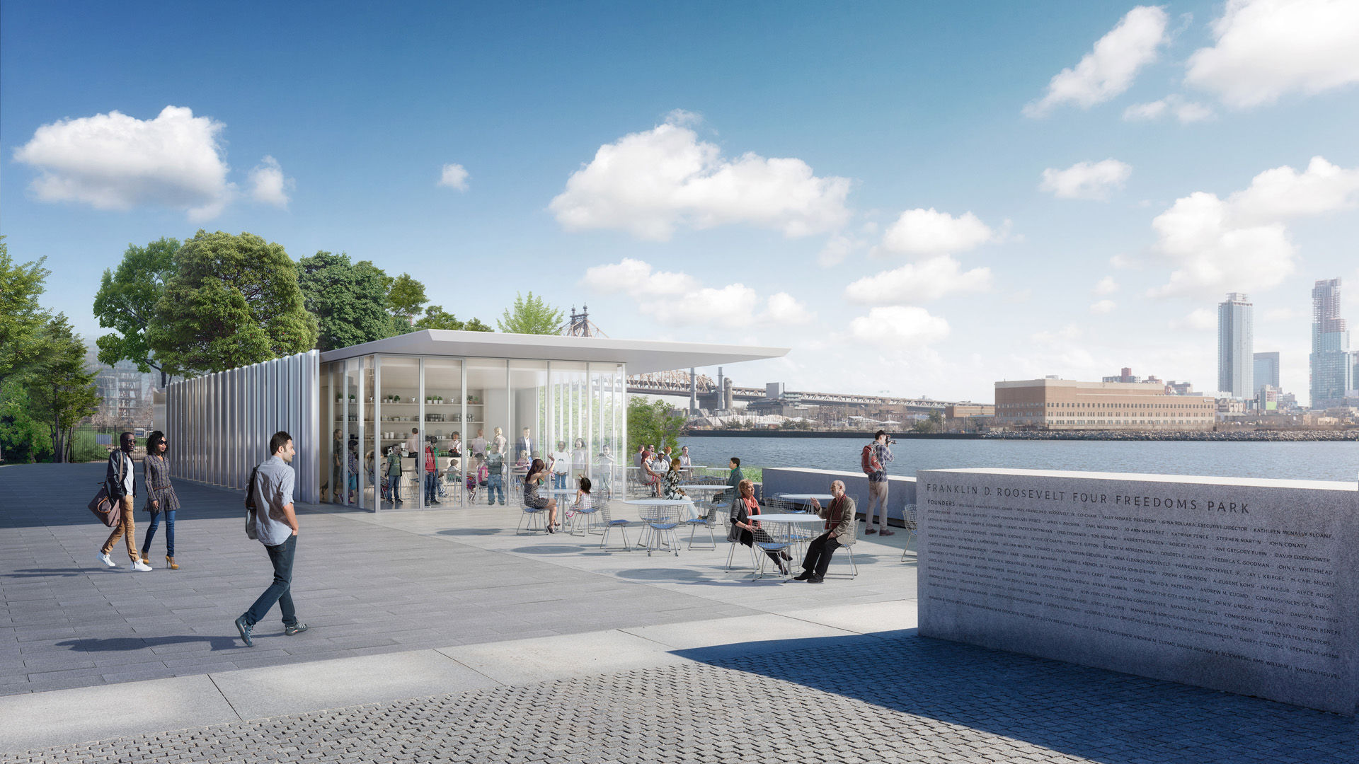 Rendering of people sitting outside of a proposed Four Freedoms Park visitor center with a view of the East River and Queens beyond