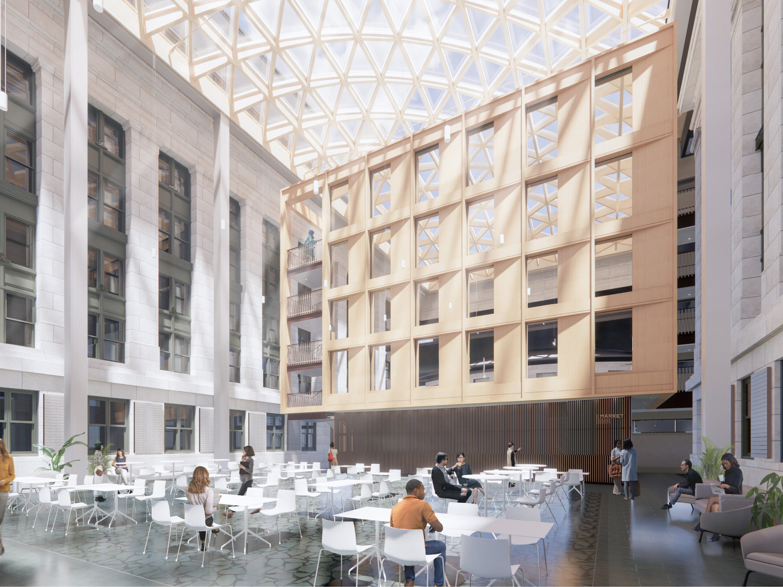 Rendering of people in an enclosed courtyard with a glass roof