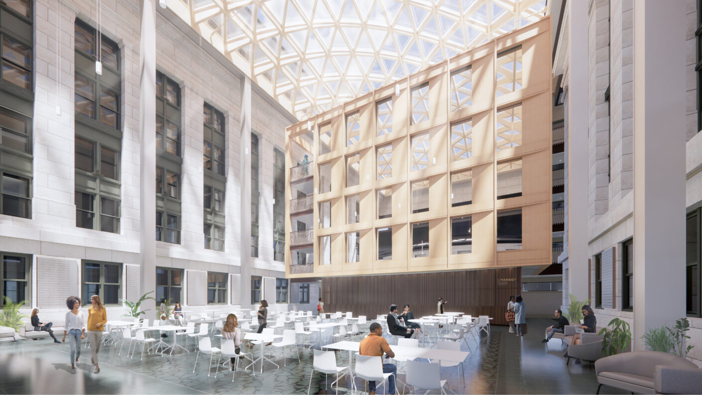 Rendering of people in an enclosed courtyard with a glass roof