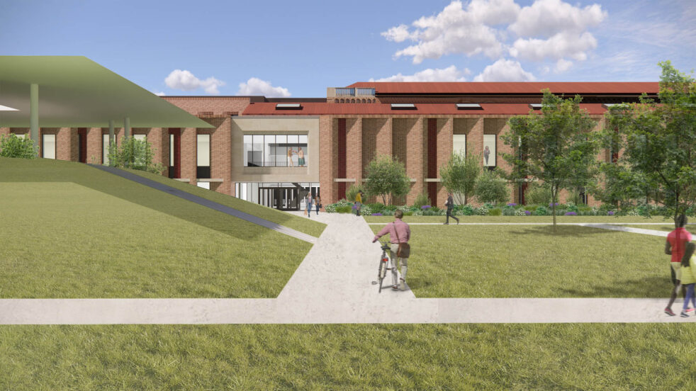 Rendering of the new building at Rice Business with Turrell Skyspace in the foreground