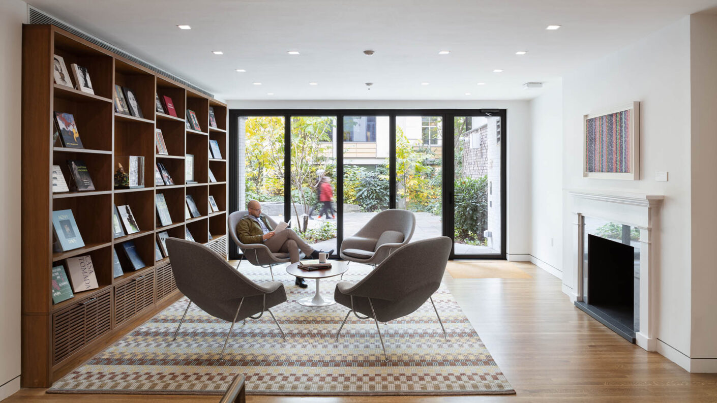 Photograph of Mellon Foundation lobby which has a telescoping doors that open to a back garden (c) Devon Banks