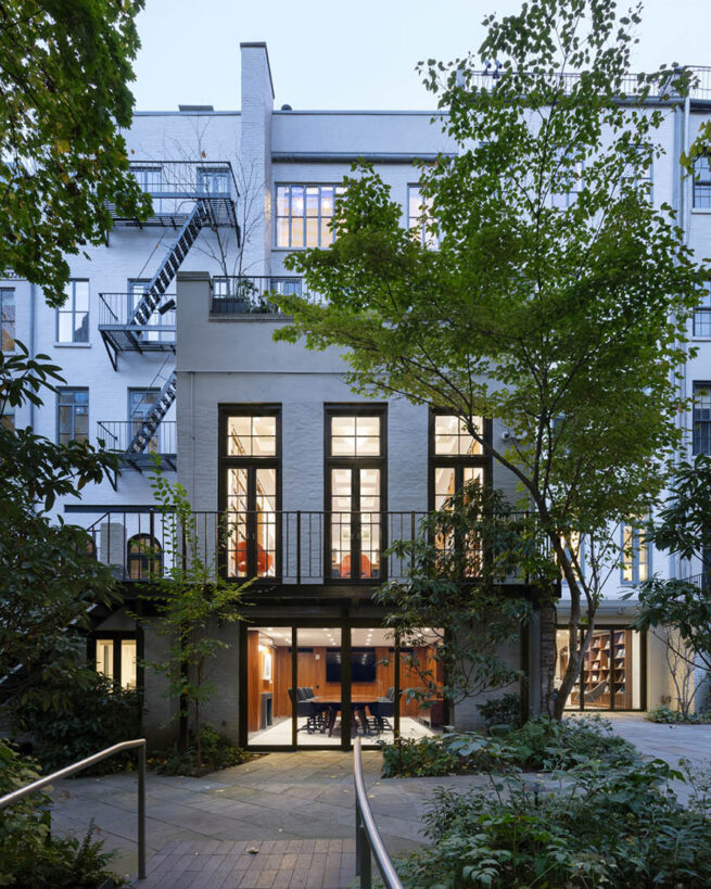 View of rear facade of the Mellon Foundation facade from the back garden. (c) Devon Banks