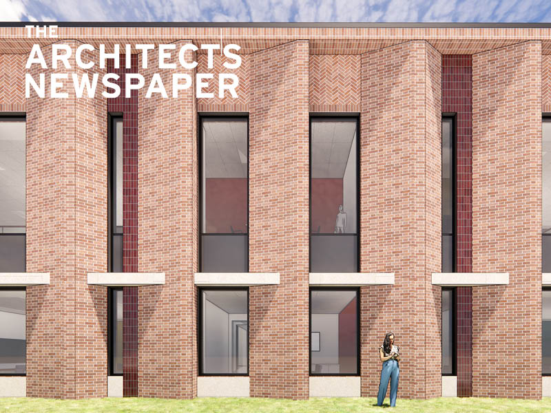 Rendering of the faceted brick facade of the new building for Rice Business
