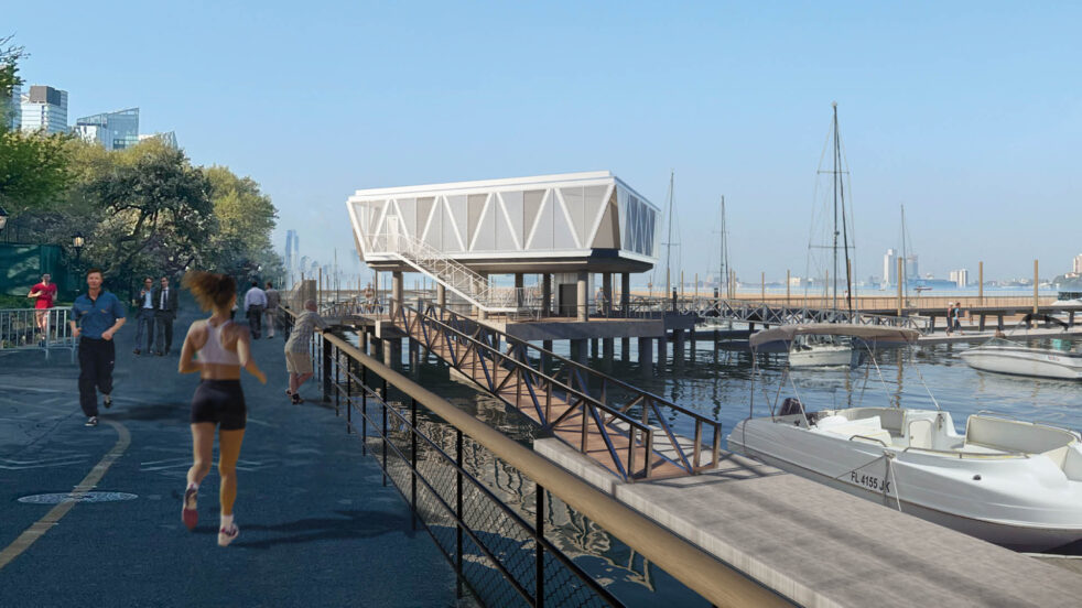 Rendering of a marina dockhouse on the river