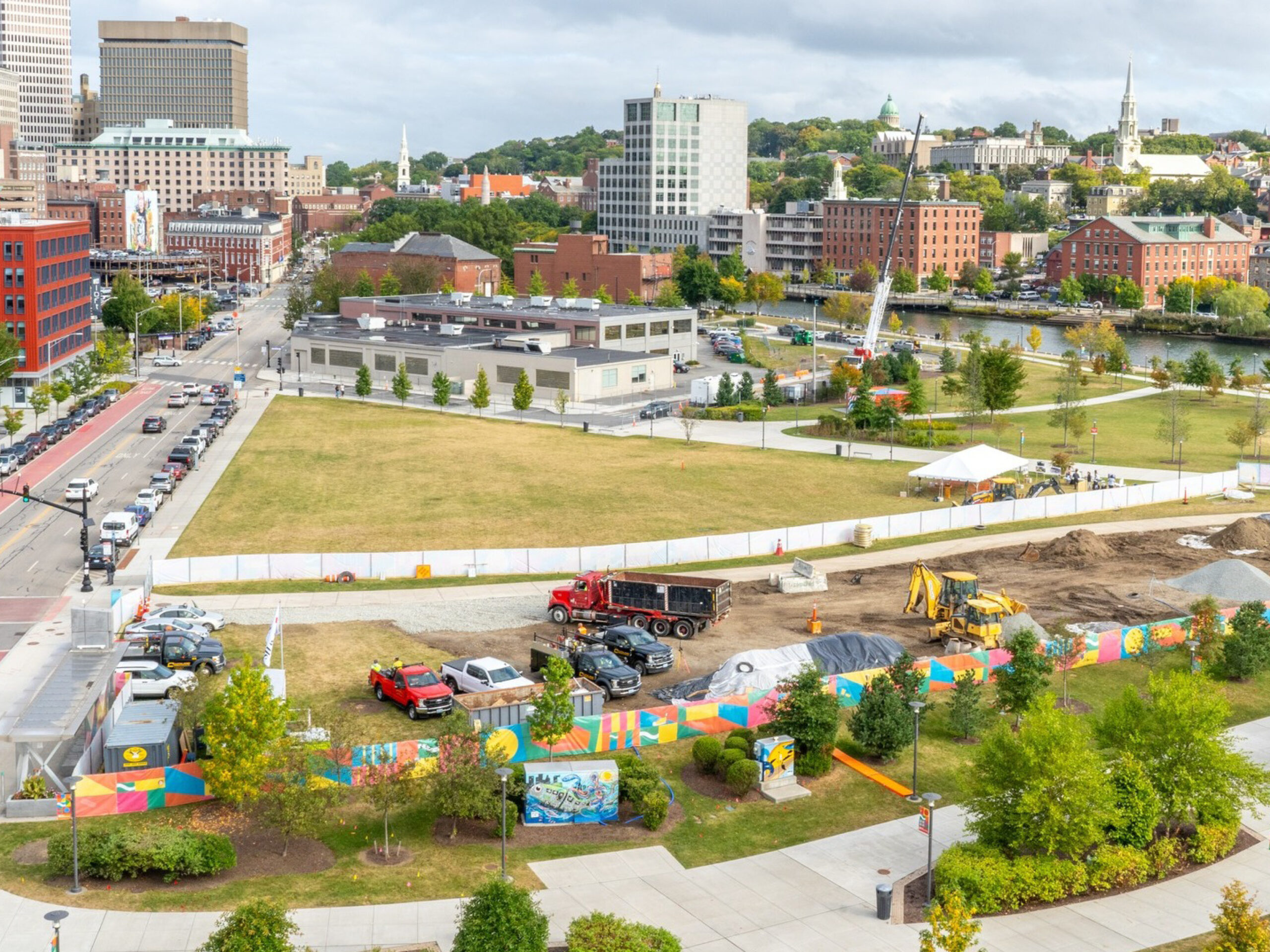 Aerial photo of construction site at groundbreaking event