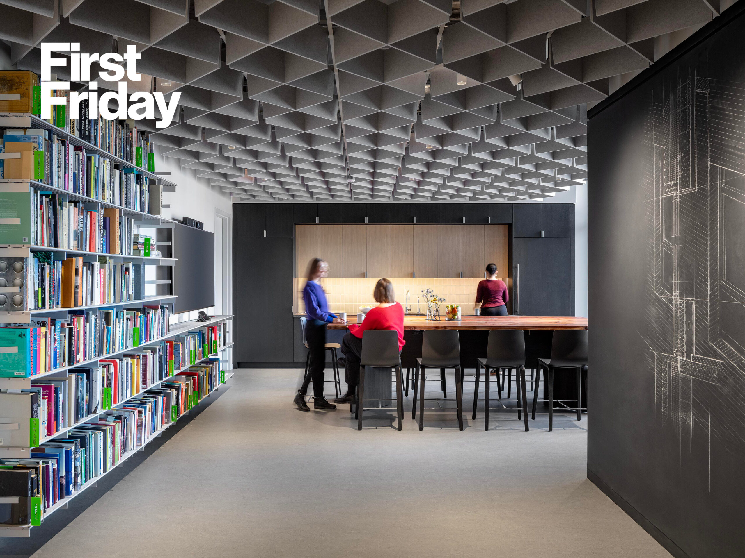 Photography of informal pantry gathering space in architecture office with white wordmark reading "First Friday" in upper left corner