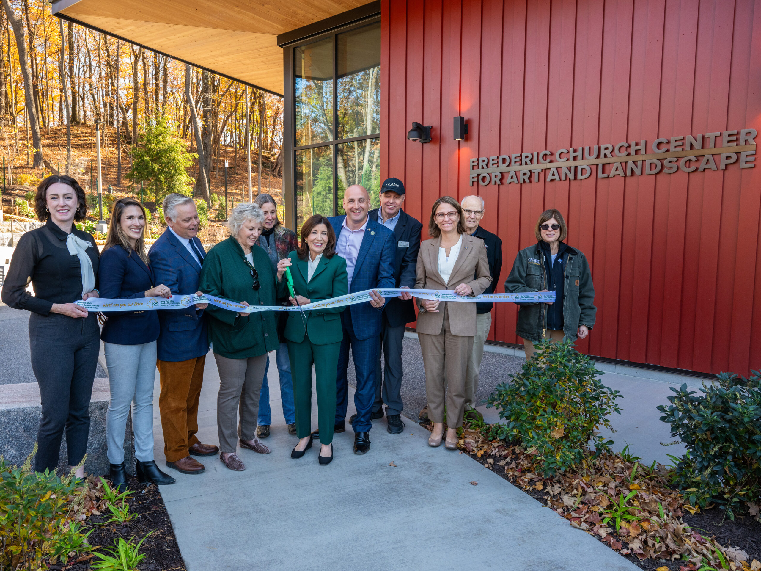 Group of people at ribbon cutting ceremony for the Frederic Church Center for Art and Landscape