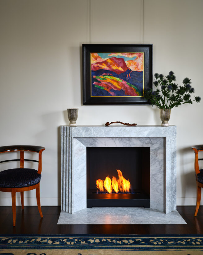 Stone fireplace detail. Copyright Frank Frances.