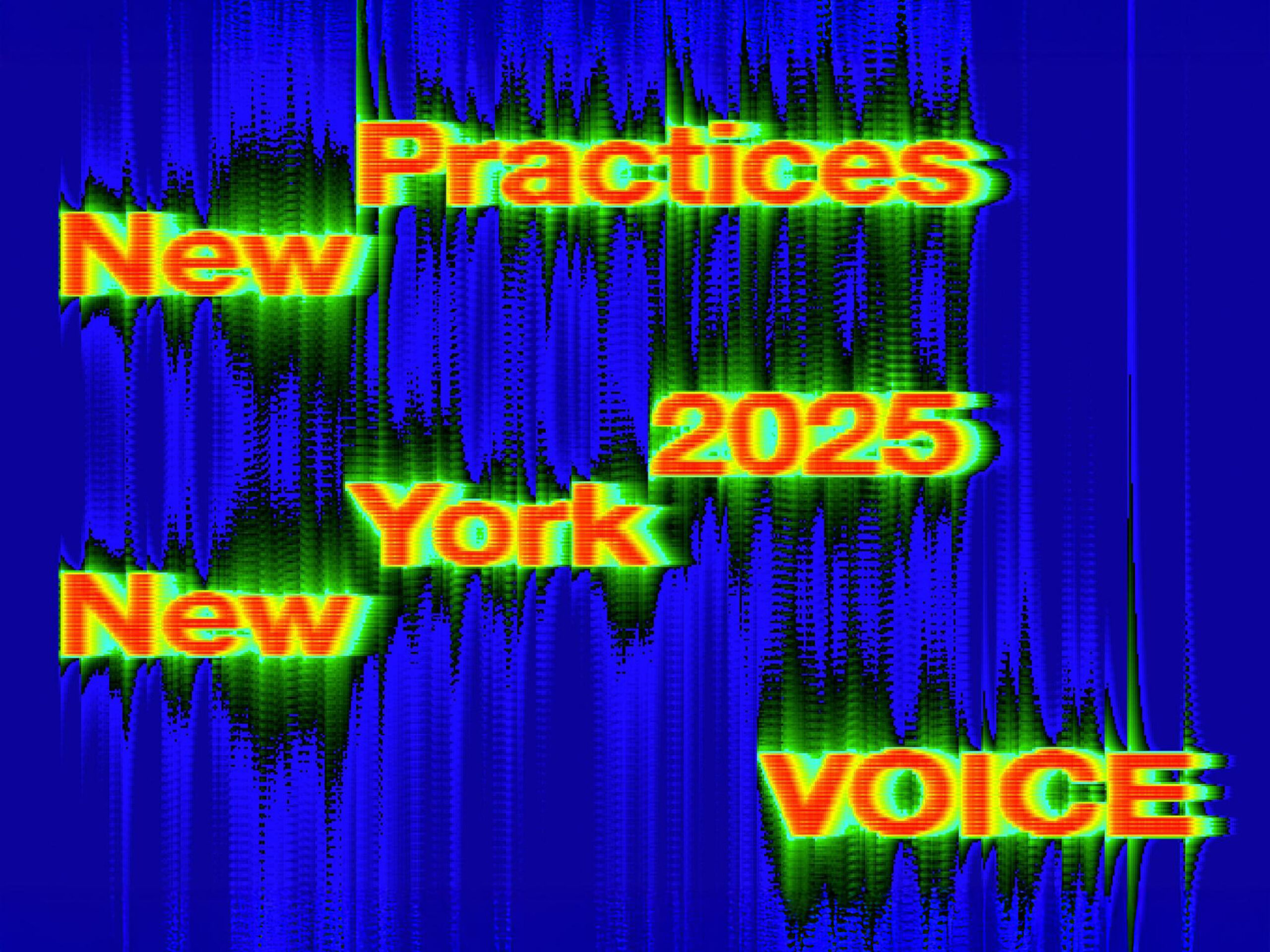 Blue background with graphic text reading "New Practices New York 2025 VOICE"