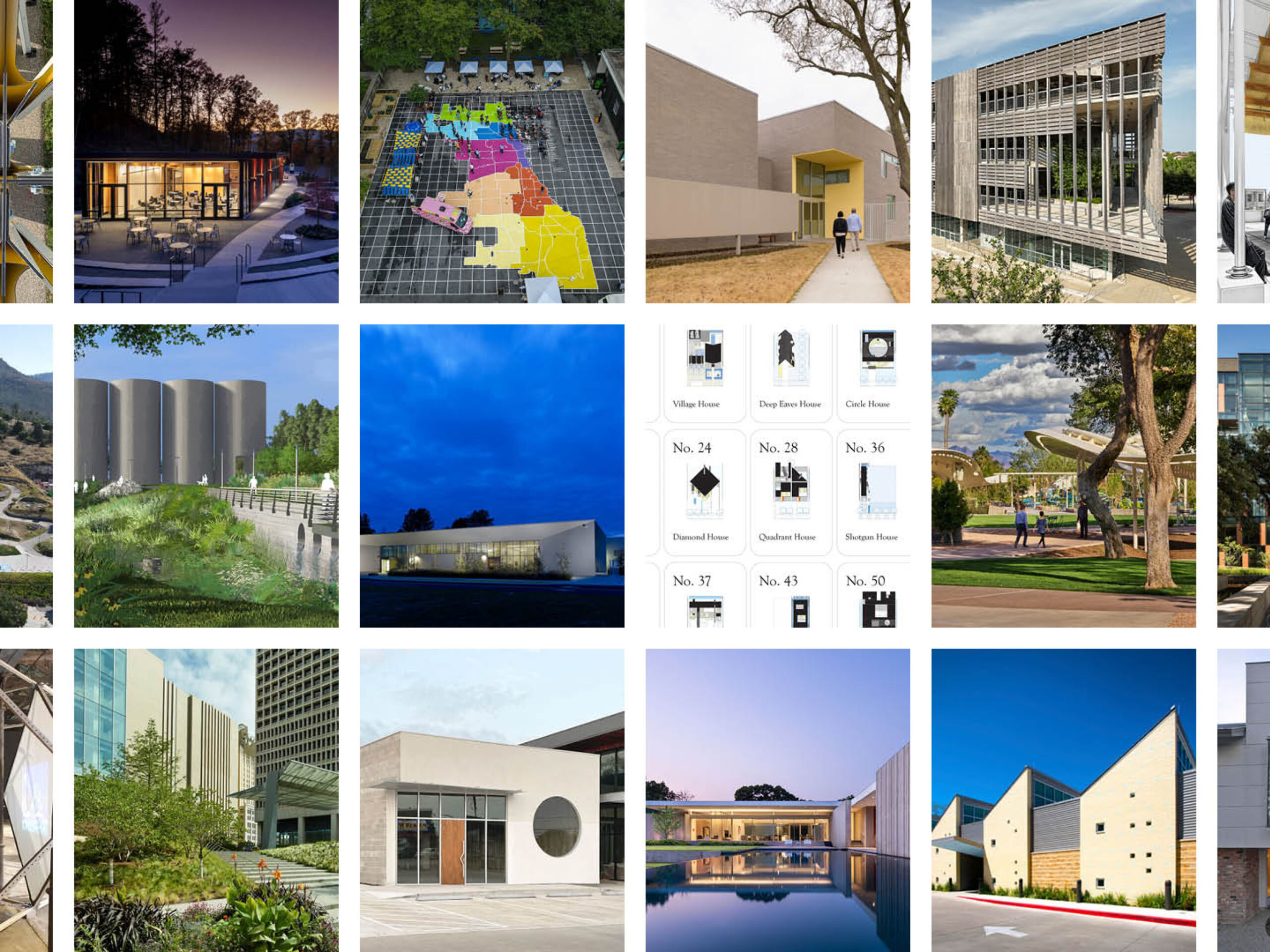 Grid of images of buildings by different architects